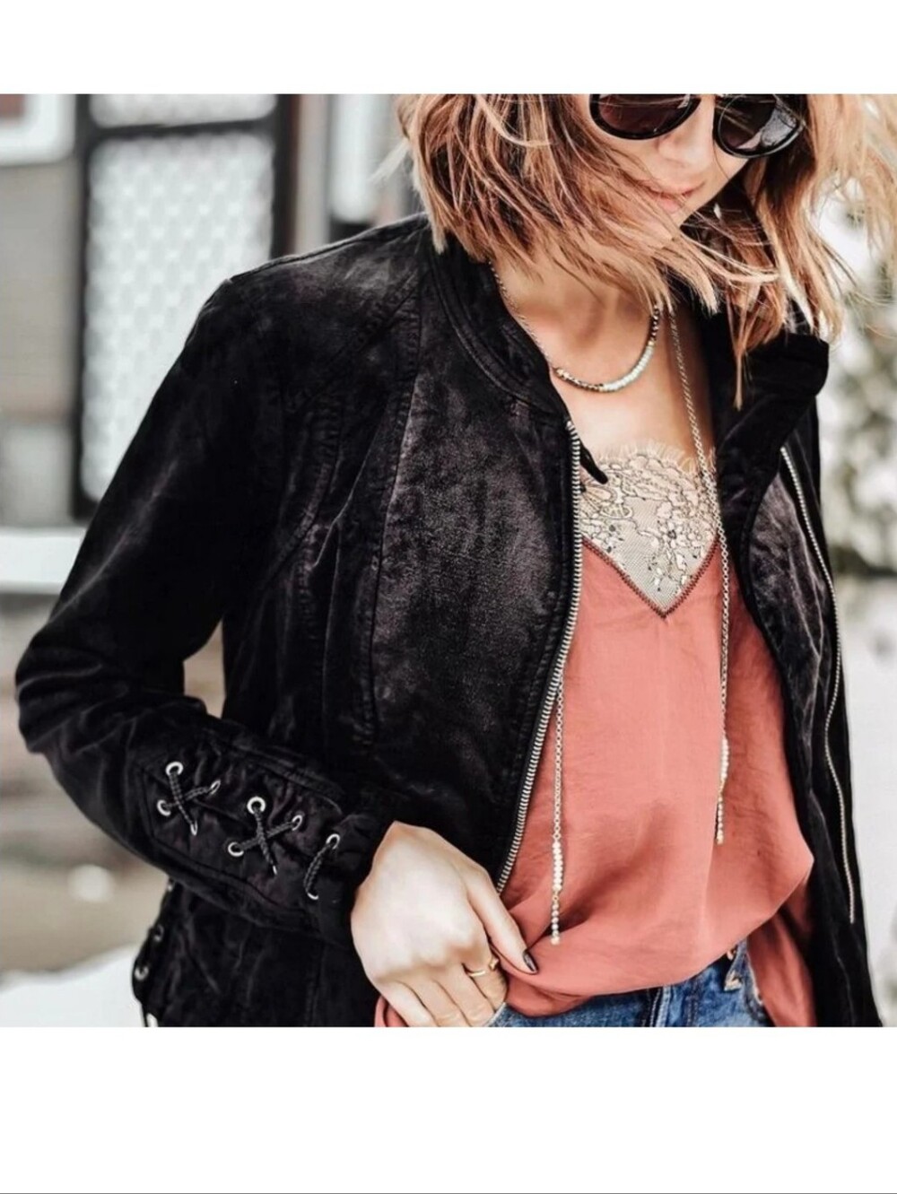 Free People Lacey Velvet Moto Jacket Black Small Lace Up Sleeve Asymmetrical Zip